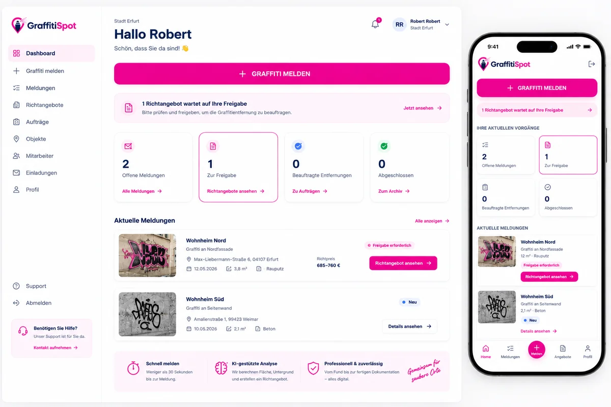 GraffitiSpot App – Dashboard und Smartphone-Ansicht mit gemeldeten Graffitis, Standort, Fläche und Richtpreisangebot