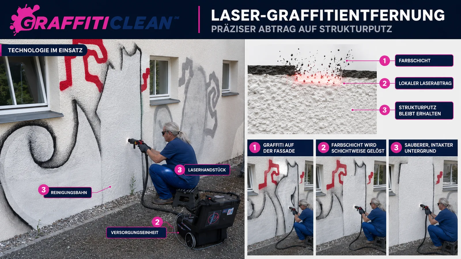 Technologie der Laser-Graffitientfernung: Laserhandstück, Versorgungseinheit und schichtweiser Farbabtrag auf Strukturputz – Verfahren wie bei Einsätzen in Weimar
