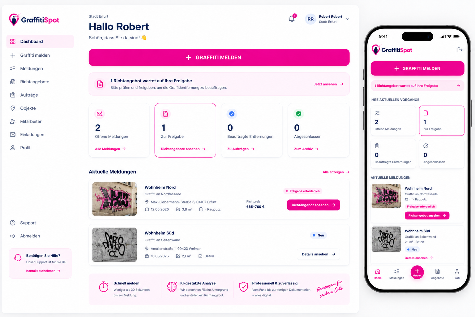 GraffitiSpot App – Dashboard und Smartphone-Ansicht mit gemeldeten Graffitis, Standort, Fläche und Richtpreisangebot