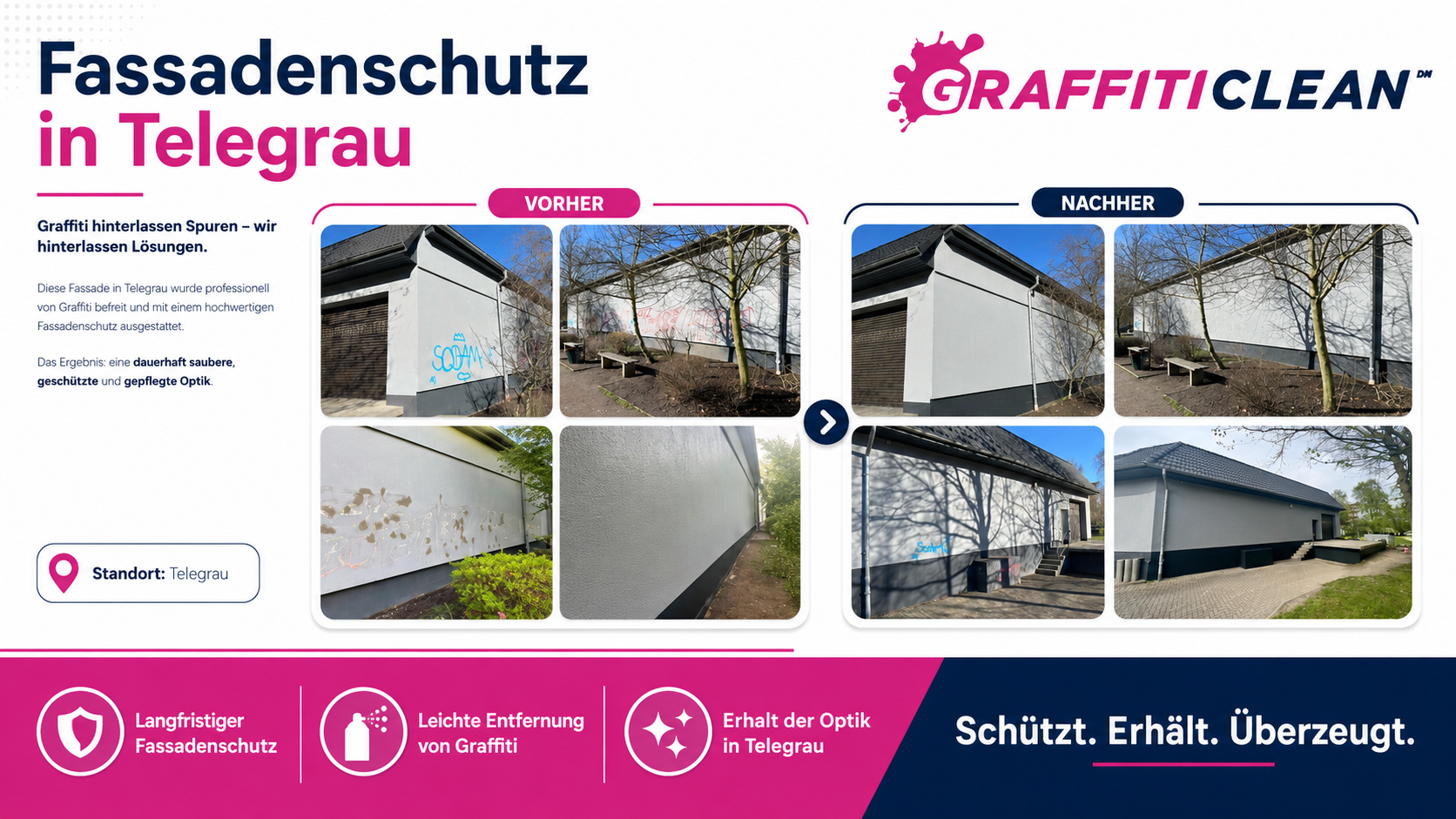 Fassadenschutz in Telegrau – Vorher/Nachher