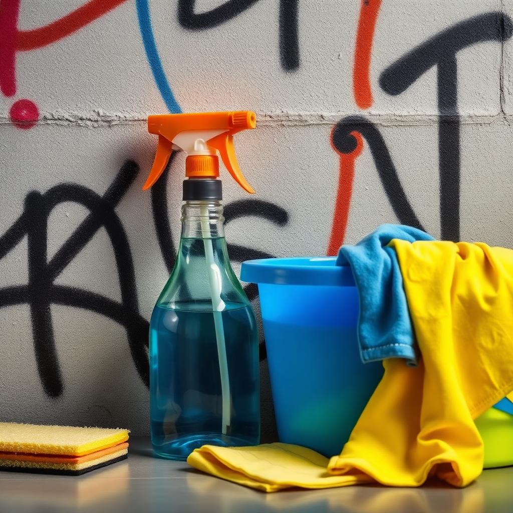 Reinigungsmittel und Schwamm vor einer Graffitiwand – Hausmittel gegen Graffiti