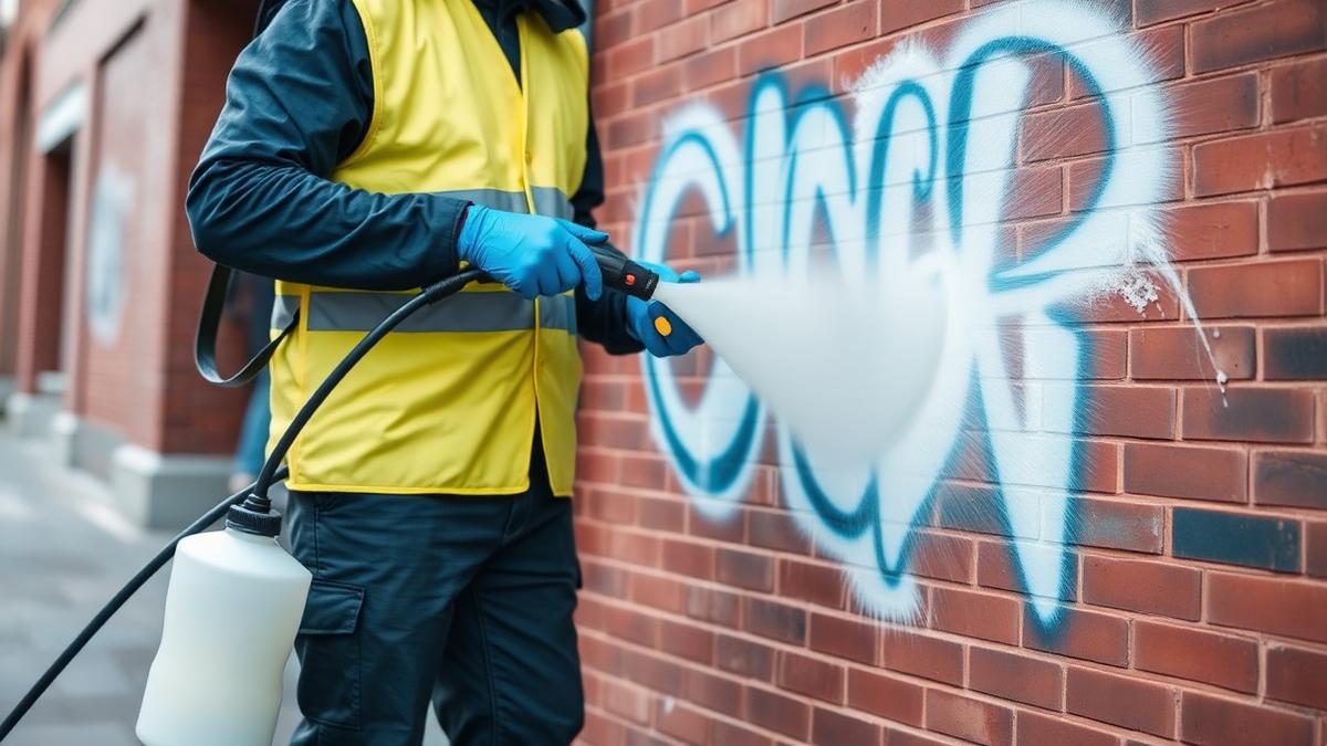 Fachkraft entfernt Graffiti von einer Klinkerfassade mit professioneller Reinigungstechnik