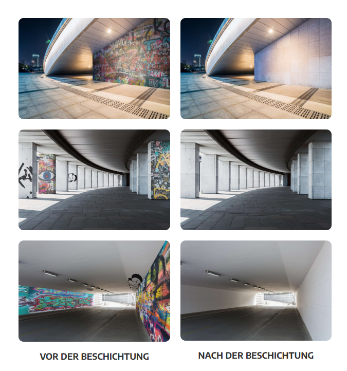 Vergleich: Flächen vor und nach der Graffitientfernung und Anti-Graffiti-Beschichtung